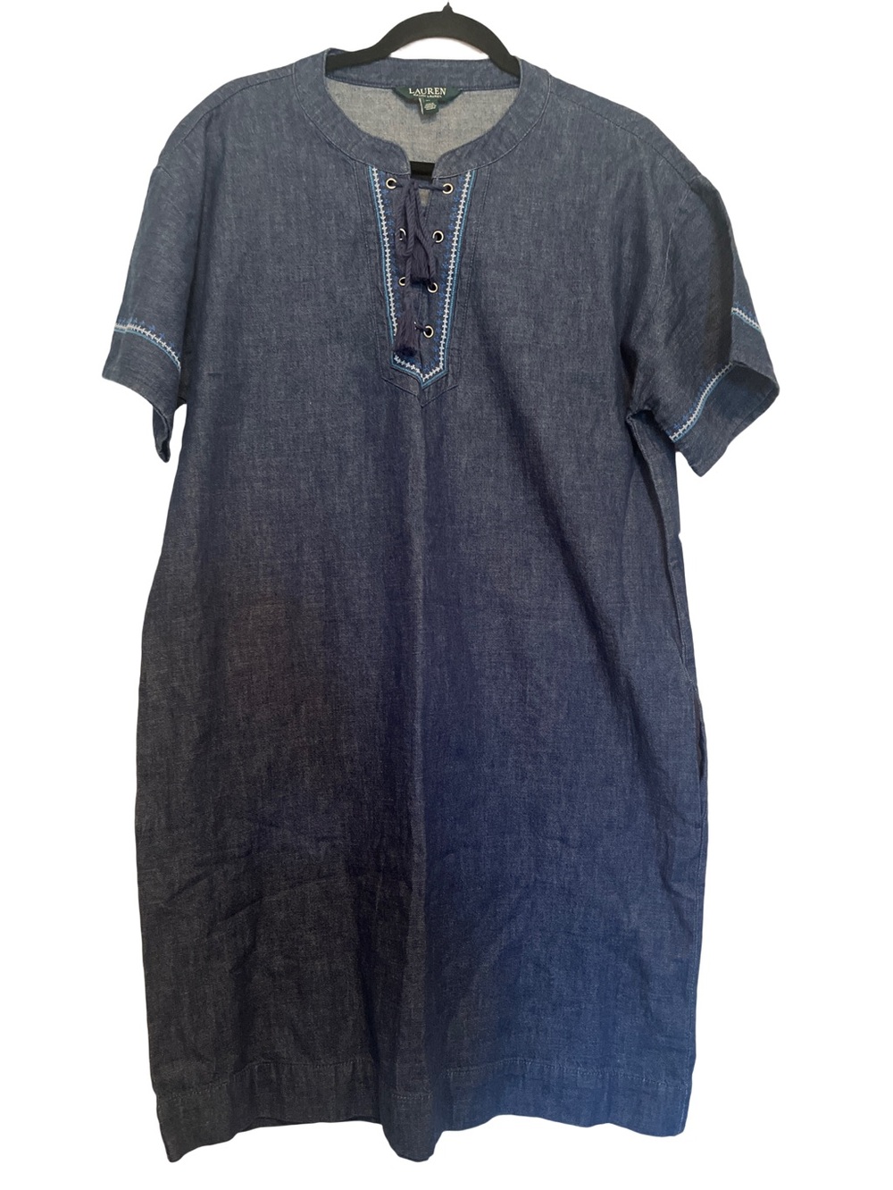 NWT Lauren Ralph Lauren Lace Up Tassel Embroidered Shift Denim Dress Size 14